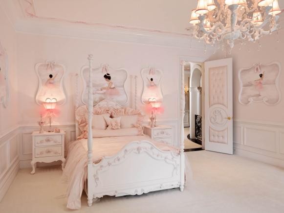 Pink Girls' Bedroom With White Poster Bed and Chandelier Pink Girls' Bedroom With White Poster Bed and Chandelier
