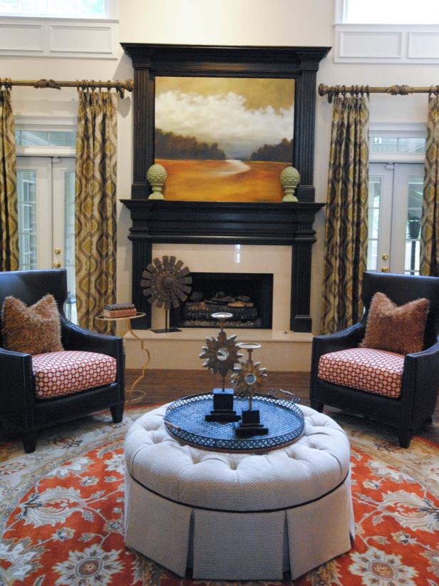 Living room with black mantle and french doors