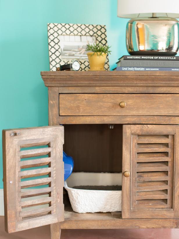 This living room features a discrete and stylish way for cat lovers to incorporate a litter box into a room.