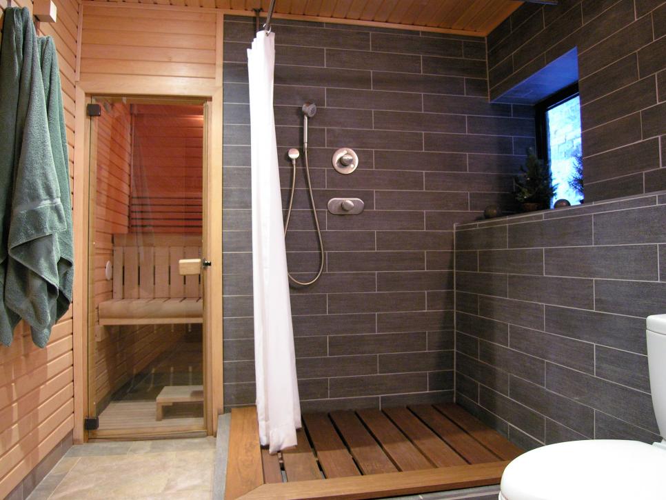 Contemporary Spa Like Bathroom With Tiled Shower and Wooden Sauna 