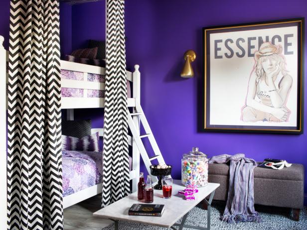 Purple Contemporary Girls Bedroom With Bunk Beds