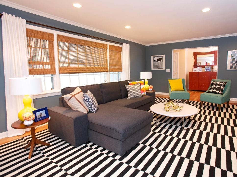 Living Room With Black-and-White Striped Rug and Bamboo Blinds