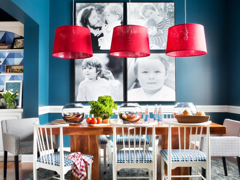 Eclectic, Navy Blue Dining Room With Vintage Chairs