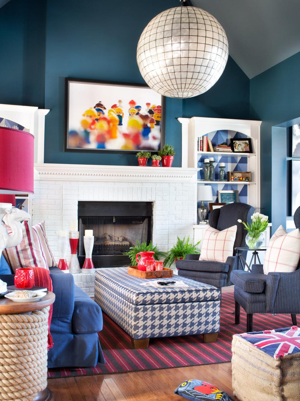 Eclectic Red and Blue Living Room Eclectic Red and Blue Living Room With Built-In Shelves
