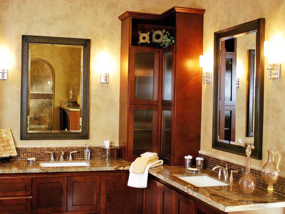Warmly Lit Transitional Bathroom with Double Vanity and Corner Cabinet
