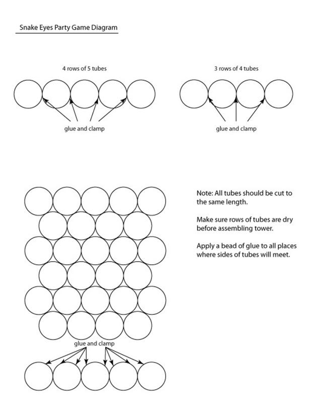 Before stacking, first create four side-by-side rows of five tubes and three rows of four tubes. See diagram in Image 1 below. To create a row, lay the tubes on a flat surface and run a bead of glue all the way down each tube's side where they will meet. Clamp tubes together at the front and back with clothespins and allow the glue to dry completely. Once all seven rows have fully dried, assemble the game by stacking rows, alternating 5-4-5-4-5-4-5.