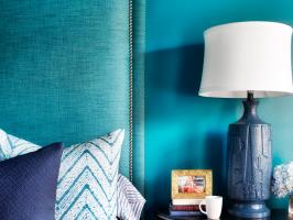 Blue Headboard, Lamp and Night Stand