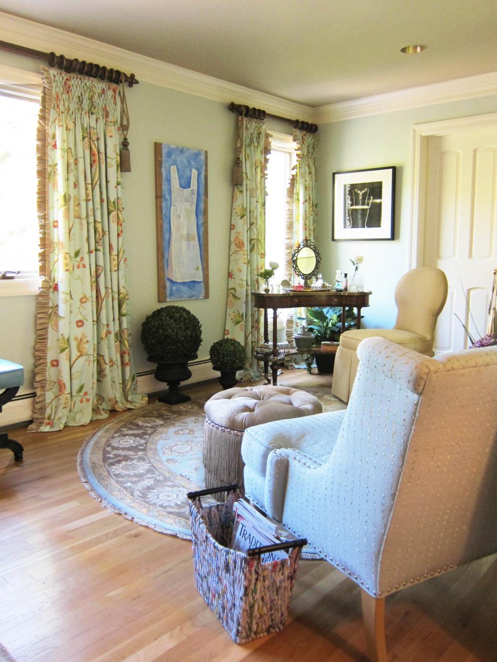 Sitting Room With Makeup Table and Ruffled Curtains