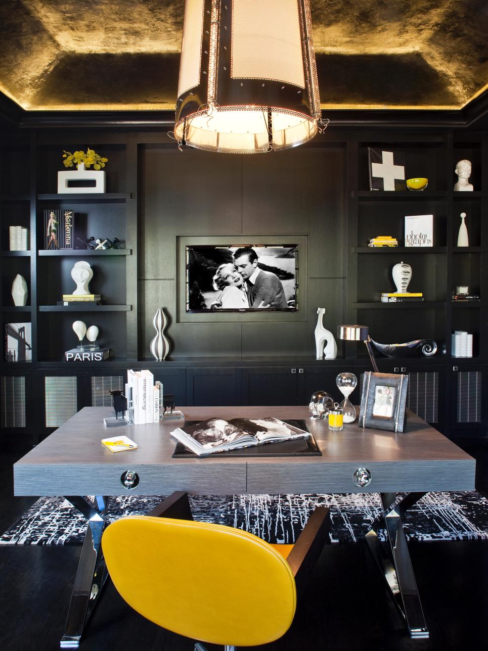 Black Home Office with Built-In Shelves and Gold Tray Ceiling