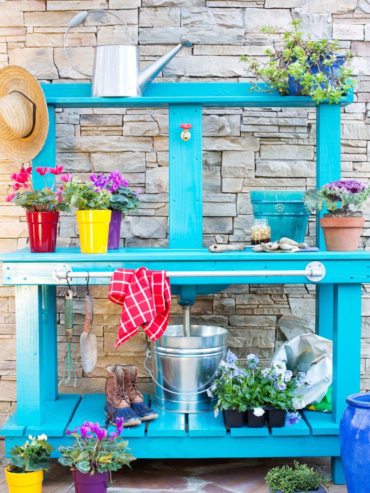 Turquoise Potting Bench | HGTV