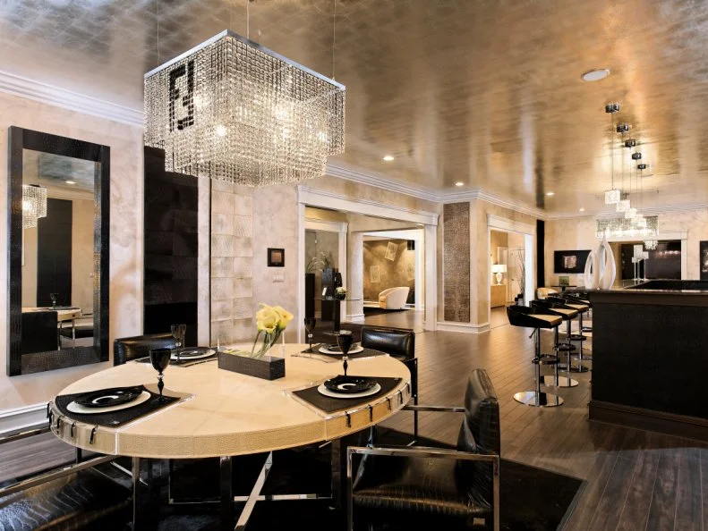 Black and White Dining Area with Crystal Chandelier