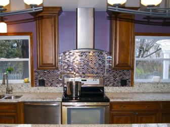 Purple and Brown Kitchen With Iridescent Backsplash