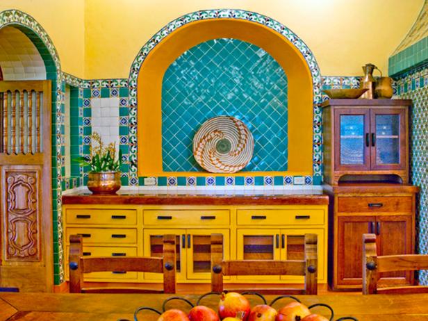 Yellow Kitchen With Turquoise and Green Talavera Tiled Backsplash