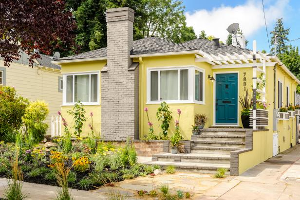 Yellow Cottage Home With Blue Front Door Yellow Cottage Home With Blue Front Door
