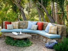 Garden Stone Bench With Blue Cushions 