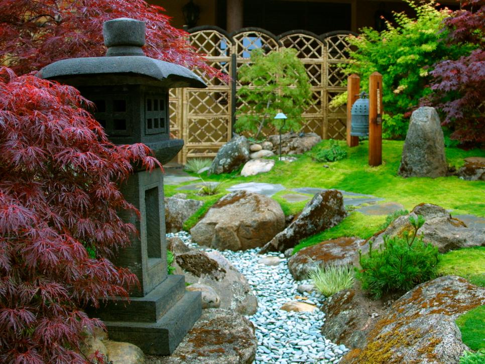 Zen Garden With Pagoda Statue and Prayer Bell