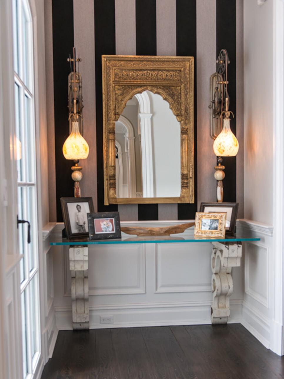 Eclectic Black and White Entryway With Antique Fixtures 