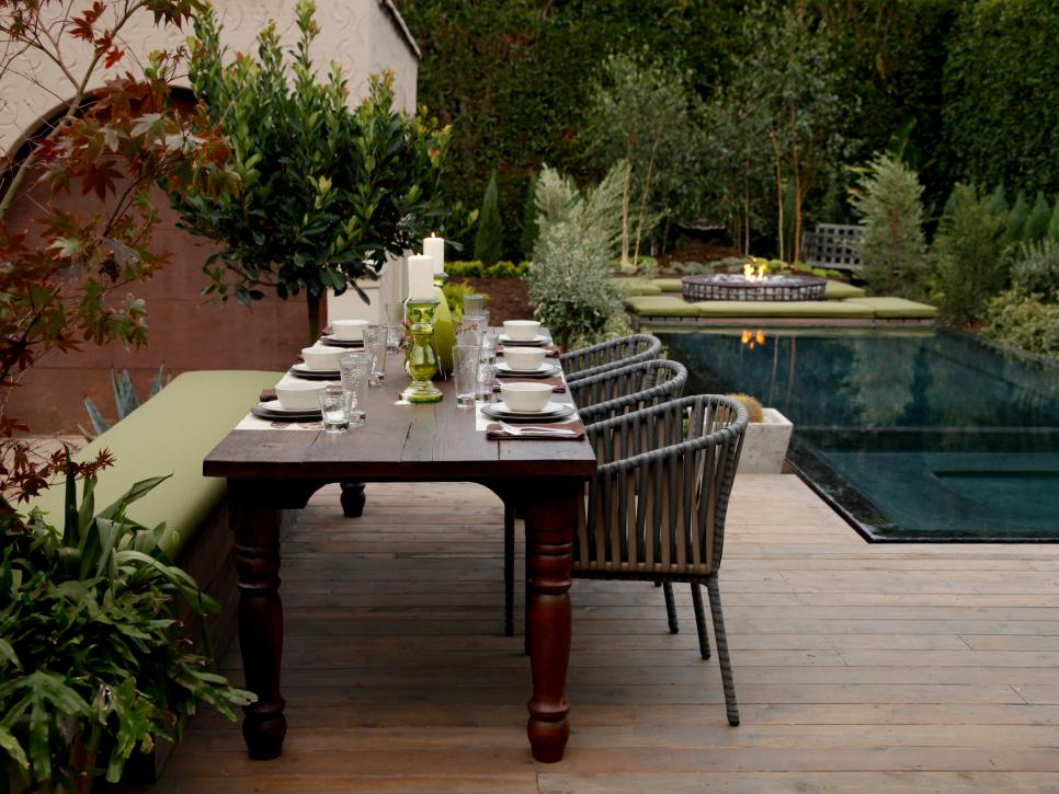 Transitional Outdoor Deck With Dining and Pool 