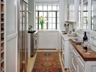 Traditional Kitchen with White Cabinets and Tribal Runner