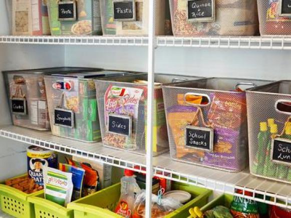 Pantry with labeled baskets