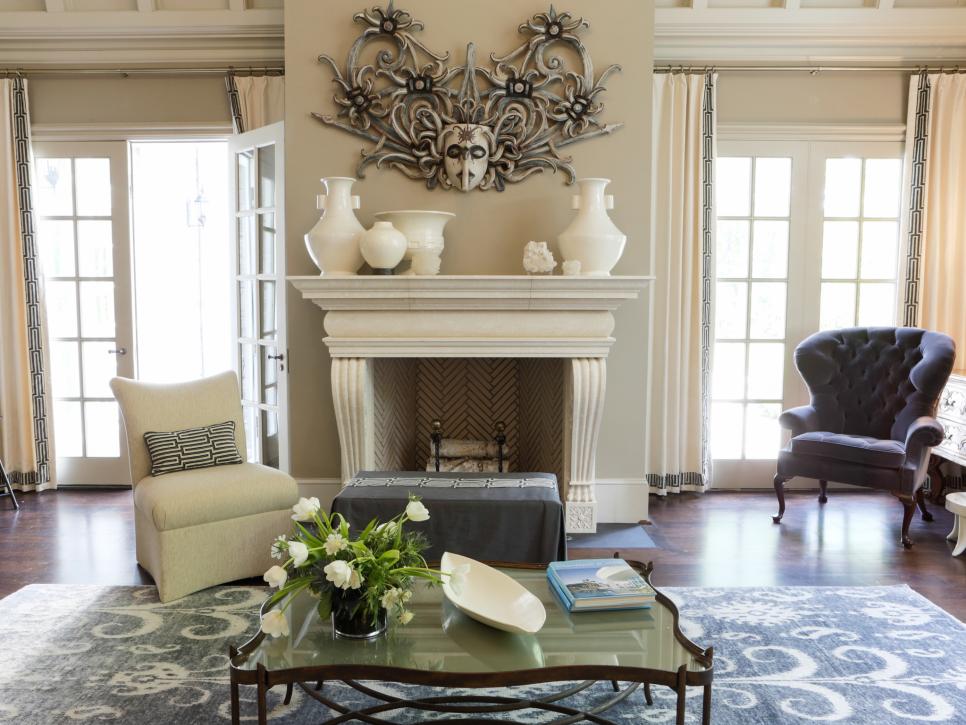 Neutral Living Room With White Fireplace and Mantel