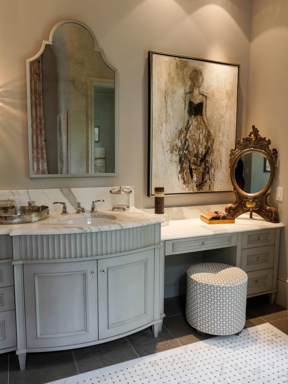 Bathroom With Grey-Blue Vanity and Makeup Space With White Wall Art