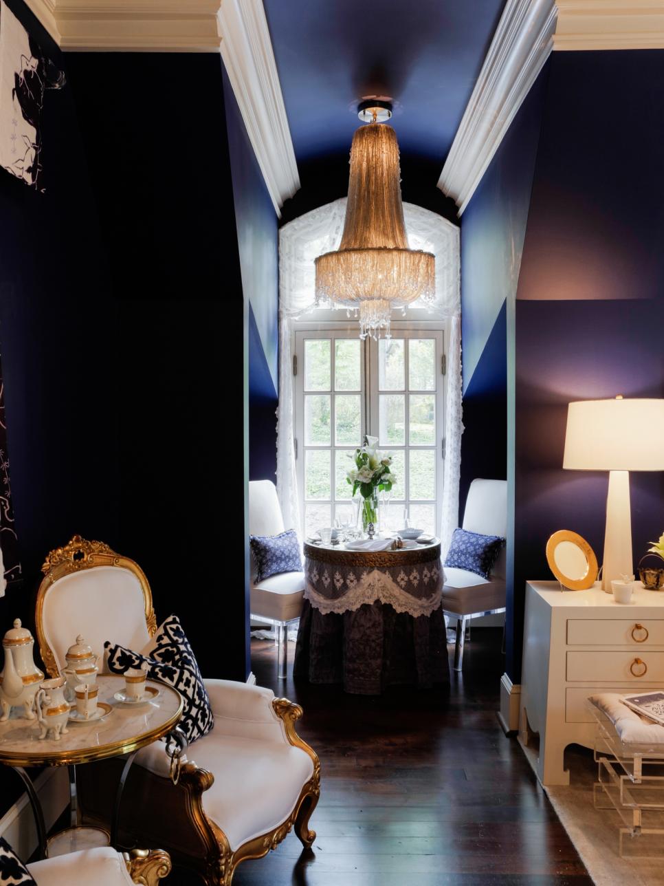Bold Purple Dining Nook With Dazzling Chandelier Sitting Room With Dark Purple Walls, Nook, Fancy Chandelier