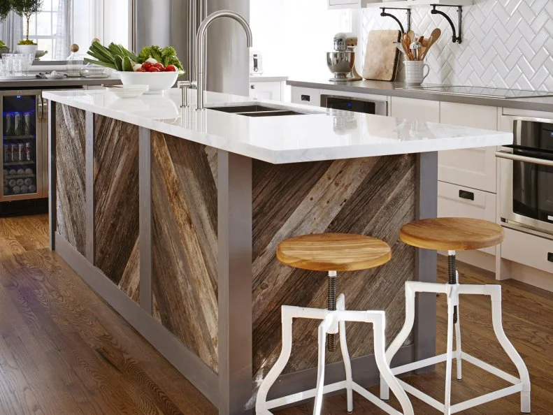 Kitchen island with reclaimed wood and marble countertop