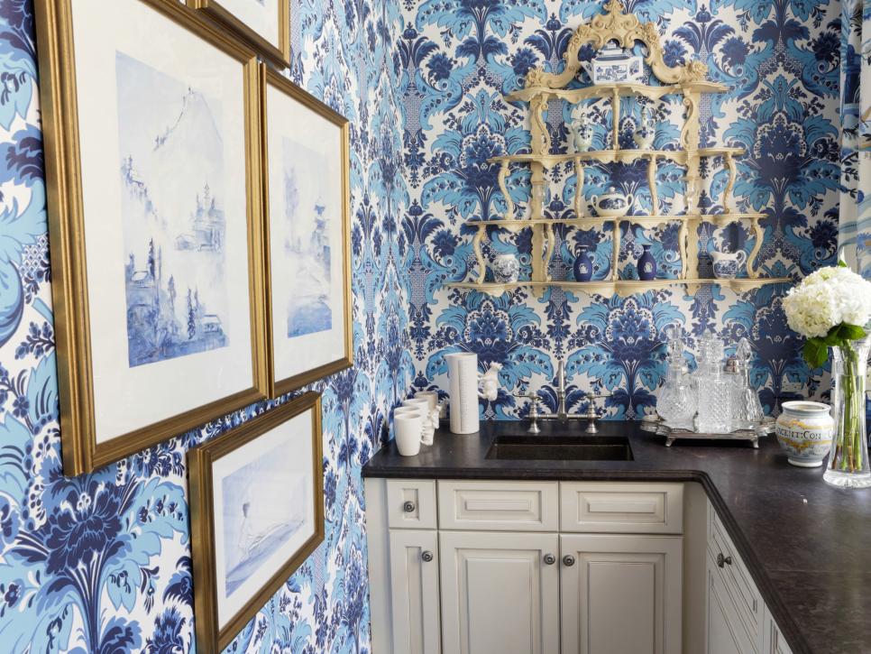 Pantry With Blue Patterned Wallpaper