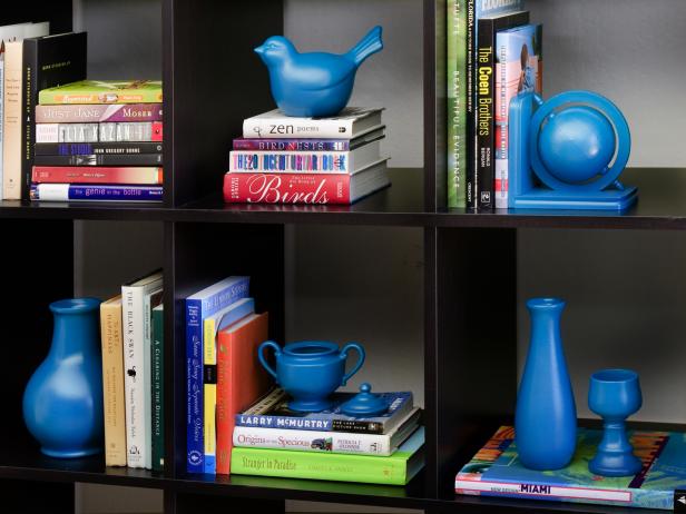 Blue Painted Accessories Featured on Bookshelf Blue Painted Accessories Featured on Bookshelf