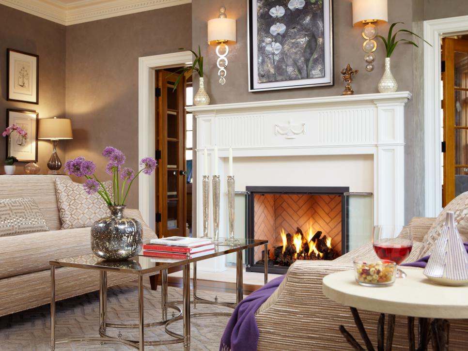 Transitional Living Room With Fireplace and Purple Accents 