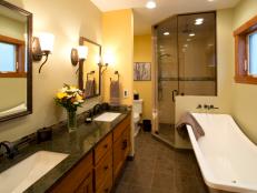 Yellow Bathroom With Contemporary Tub