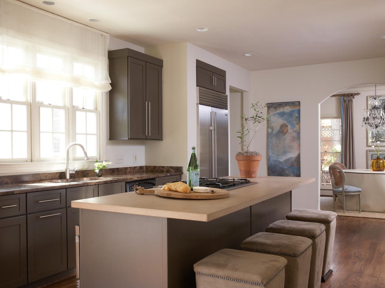 warm kitchen color with a brick wall