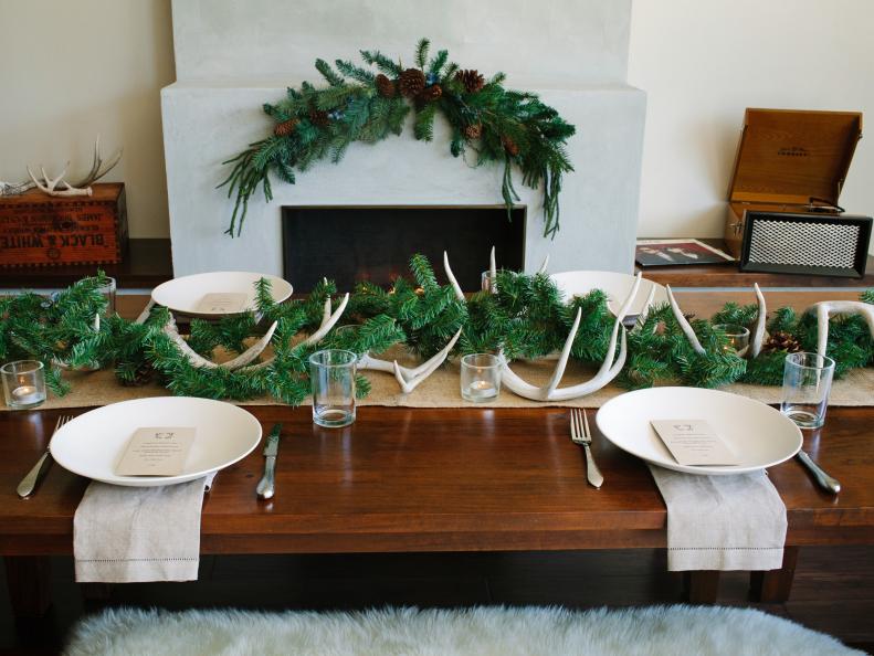Wooden table with garland table runner