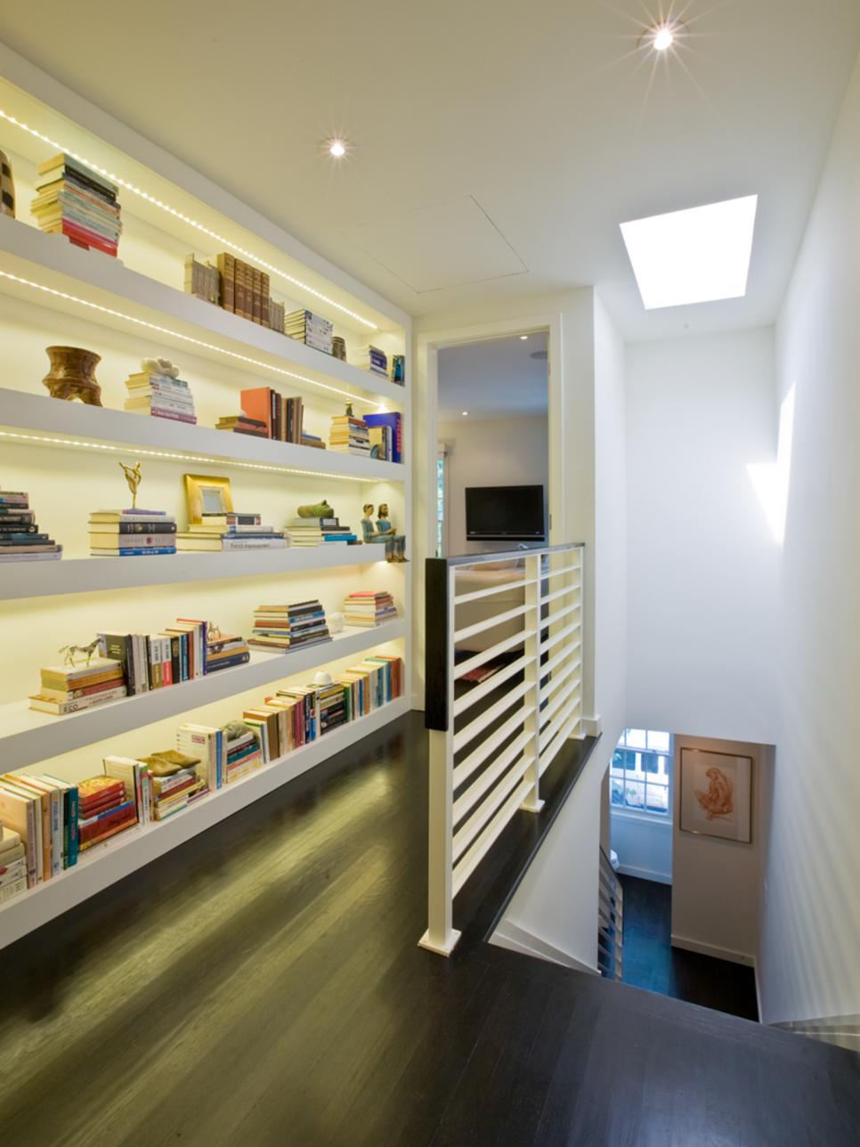 Built-In Bookshelf at the Top of a Stairway