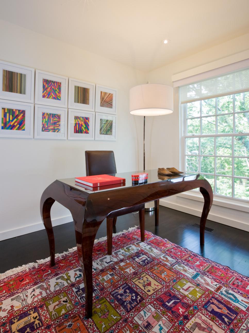 White Home Office with Multi-Colored Rug