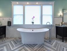 Contemporary Blue Bathroom With Herringbone Floor 