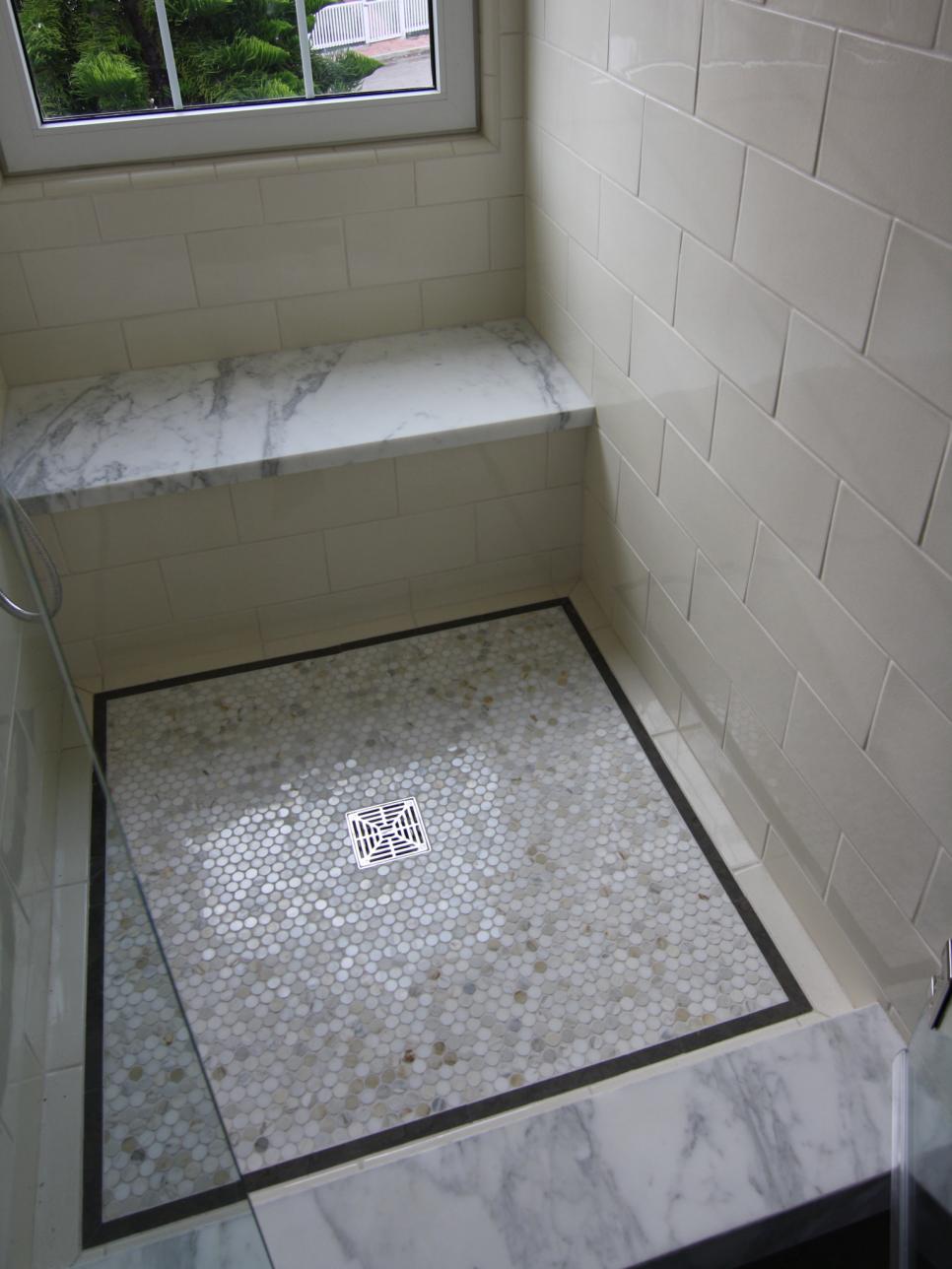 Traditional White Bathroom Shower With Penny Tile Floor