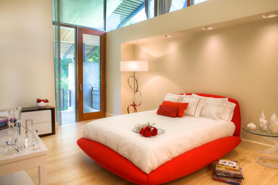 Modern Bedroom With Red Platform Bed