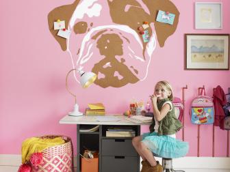 Child's bedroom: Wall art of bulldog using stencils, cork and paint.