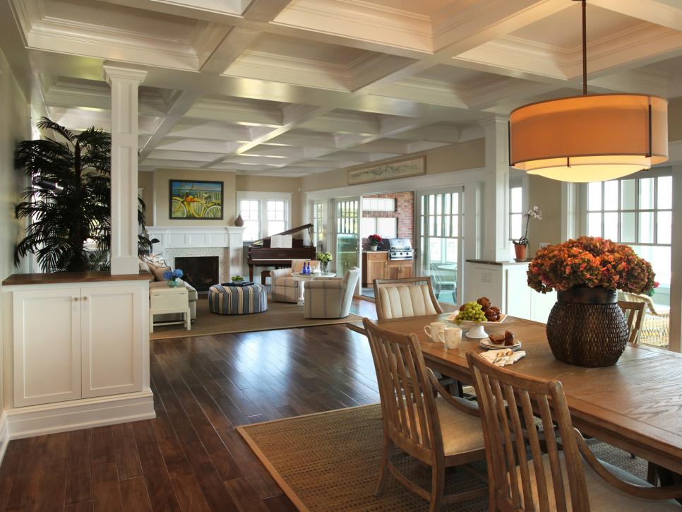 Neutral Coastal Living Room and Dining Area With Coffered White Ceiling