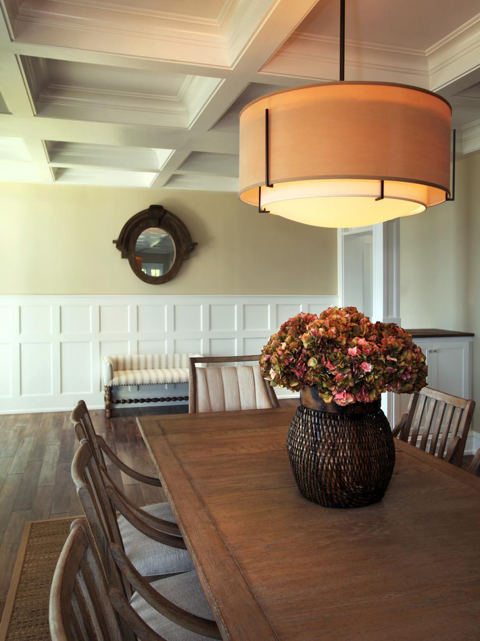 Neutral Dining Room with Wood Table, Coffered Ceiling, Pendant Light
