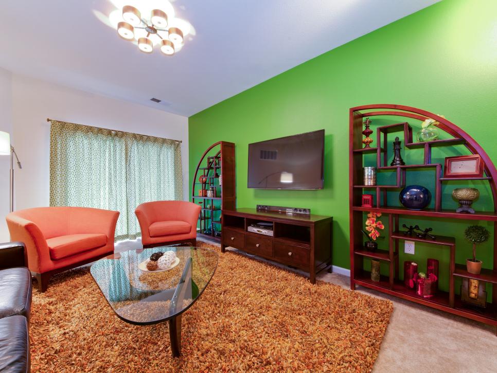 Contemporary Living Room With Bright Green Accent Wall