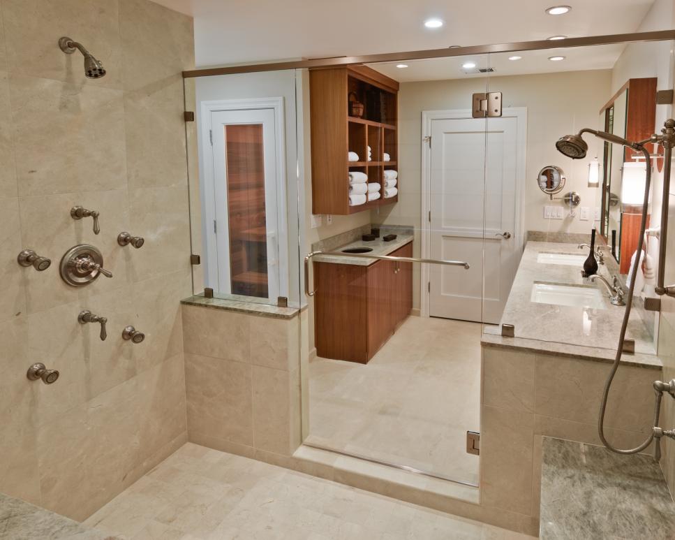 Spacious Spa Bathroom With Open Storage Cabinet Neutral Traditional Bathroom With Two-Person Shower