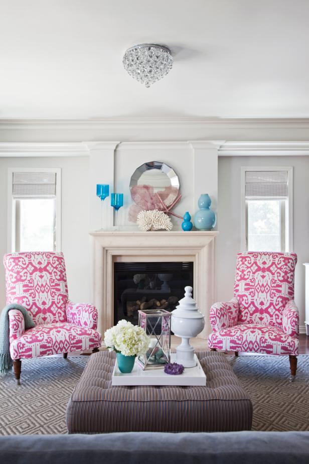 Neutral Living Room With Bold Pink Patterned Armchairs Neutral Living Room With Bold Pink Patterned Armchairs
