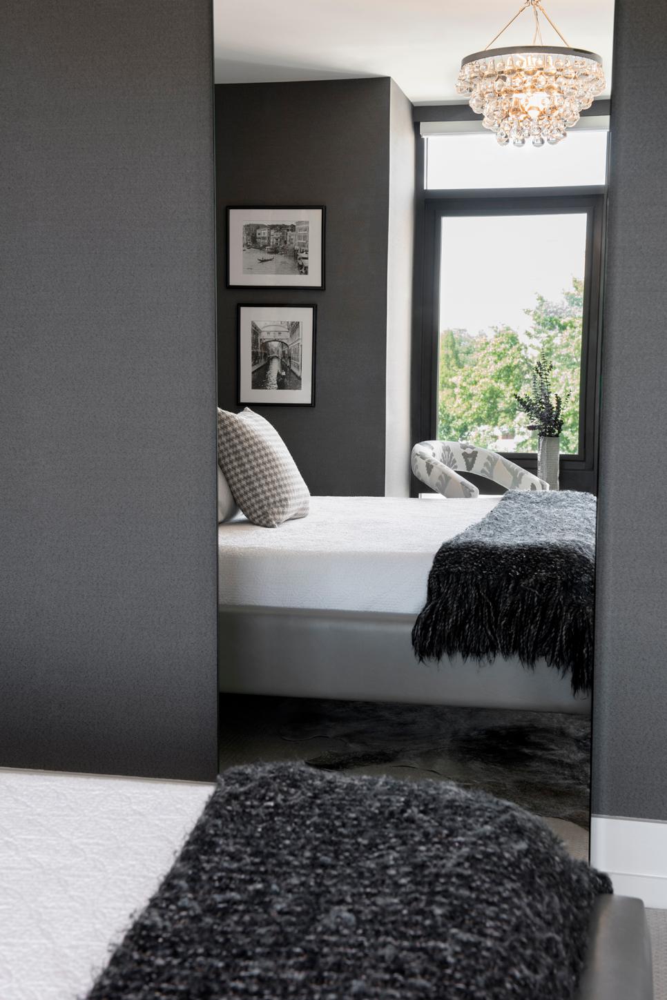 Sophisticated Gray Master Bedroom With Chandelier Modern Charcoal Gray Bedroom With Tall Mirror
