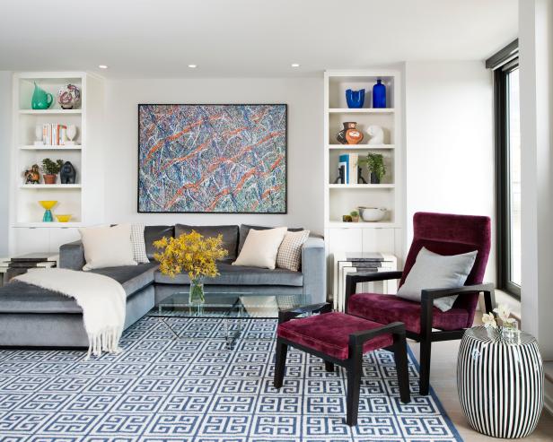 Modern Living Room With Maroon Chair and Greek Key Rug Modern Living Room With Maroon Chair and Greek Key Rug