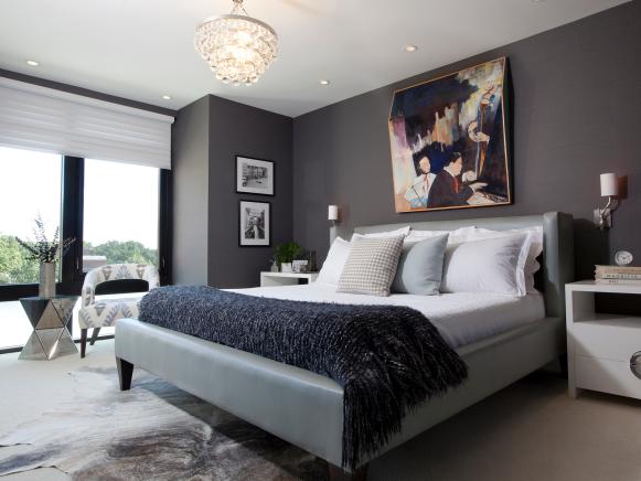 Sophisticated Gray Master Bedroom With Colorful Abstract Art Sophisticated Gray Master Bedroom With Colorful Abstract Art