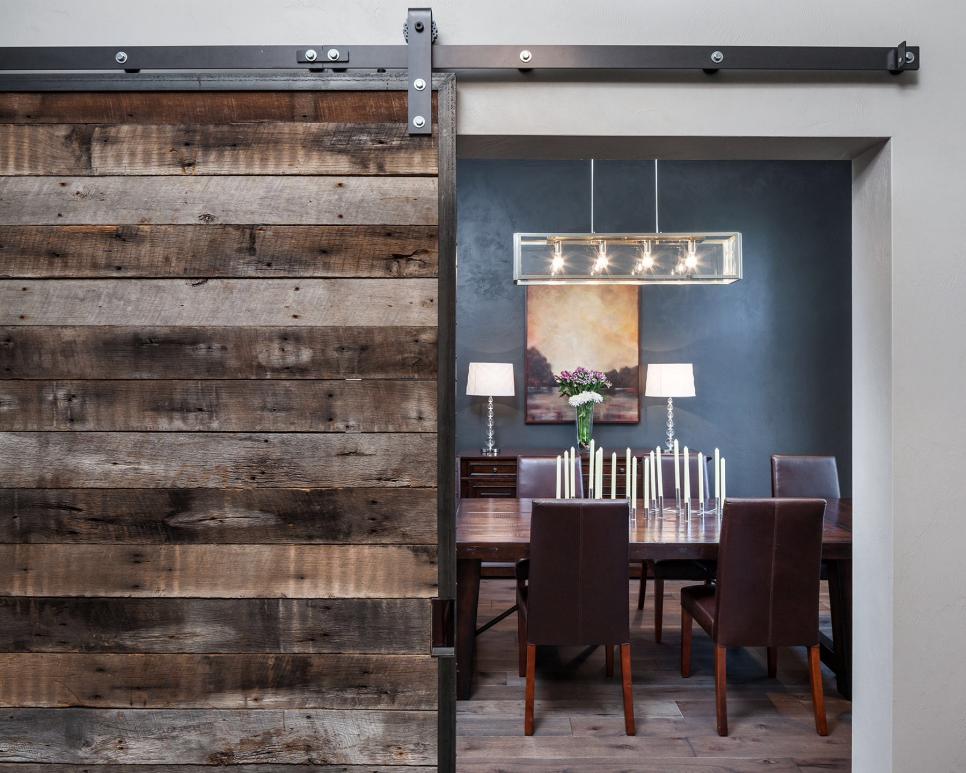 Formal Contemporary Dining Room With Sliding Barn Door Formal Dining Room With Sliding Wood Barn Door