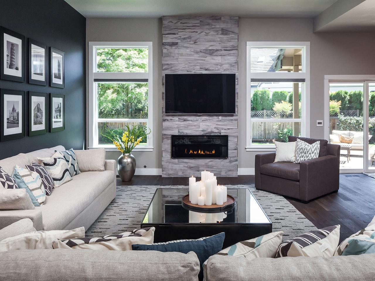 Grey And White Living Room With Fireplace
